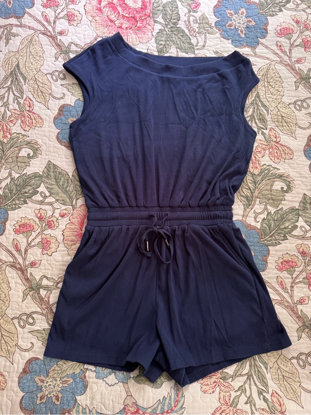 Cider Navy Sleeveless/off the shoulder One-Piece Romper with Drawstring Waist